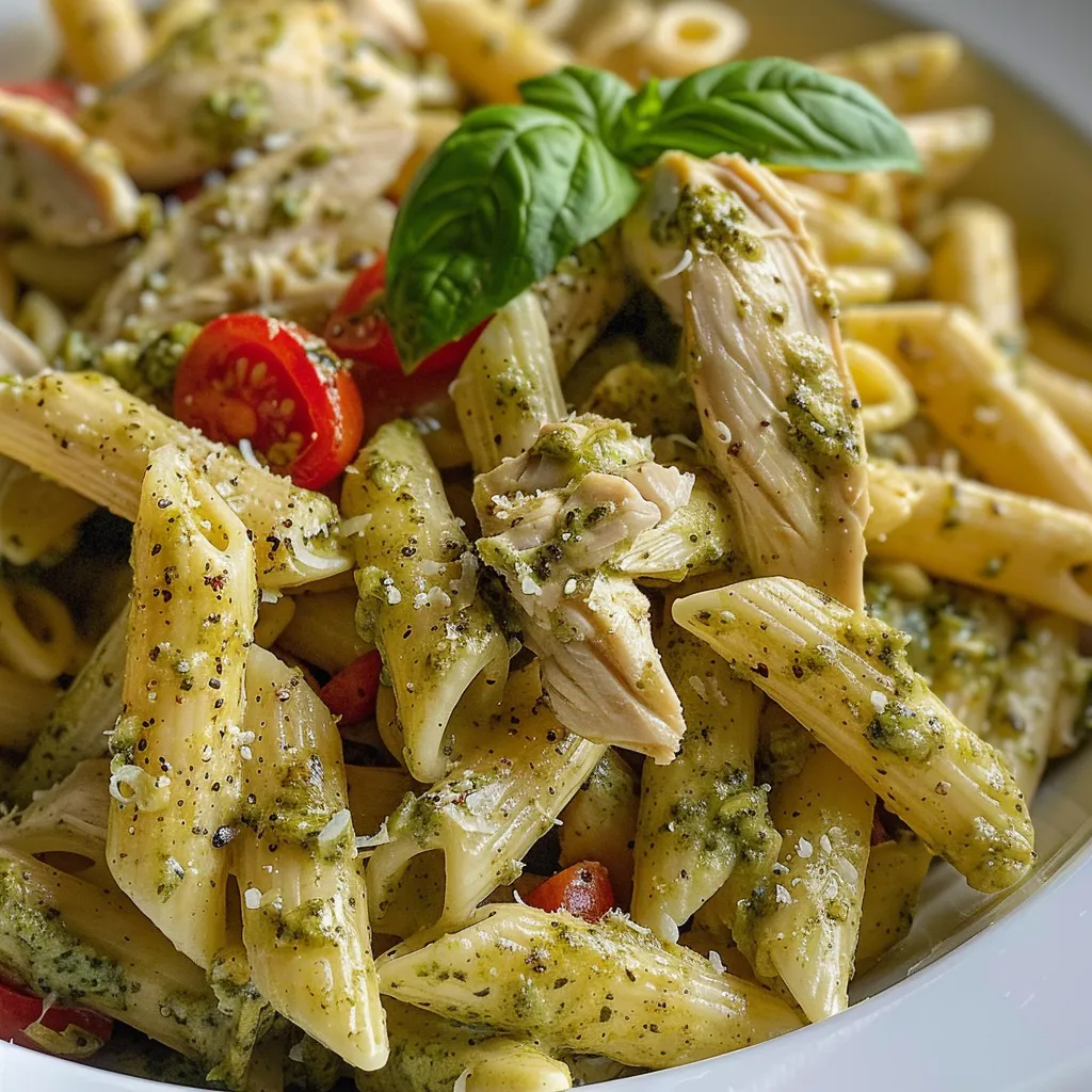 Juicy pieces of chicken and green pesto sauce coating penne pasta in a tempting dish.