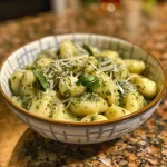 Close-up view of creamy pesto gnocchi garnished with fresh basil.