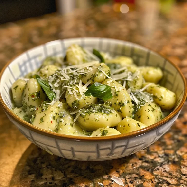 Close-up view of creamy pesto gnocchi garnished with fresh basil.