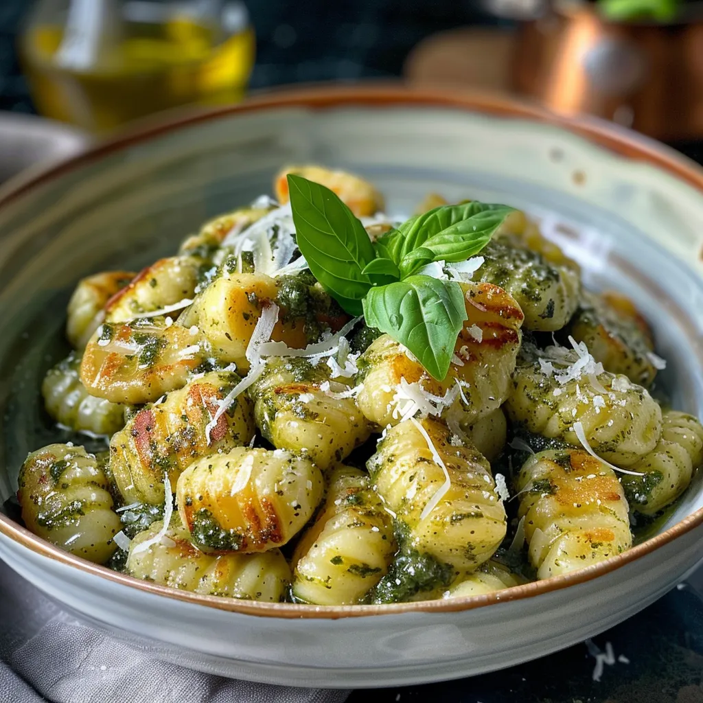 Side angle photo of pasta dish featuring creamy pesto gnocchi.