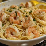 Close-up of creamy shrimp pasta adorned with fresh parsley and lemon wedges.