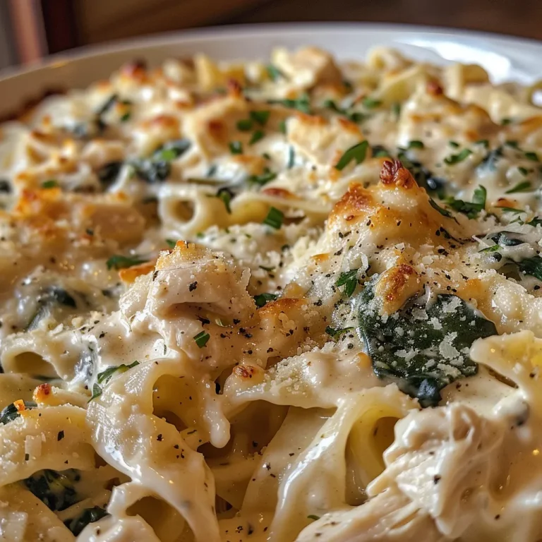 Gather ‘Round: The Creamy Spinach Chicken Alfredo Bake That Unites Us All Close-up view of a creamy spinach chicken Alfredo bake with melted cheese on top.