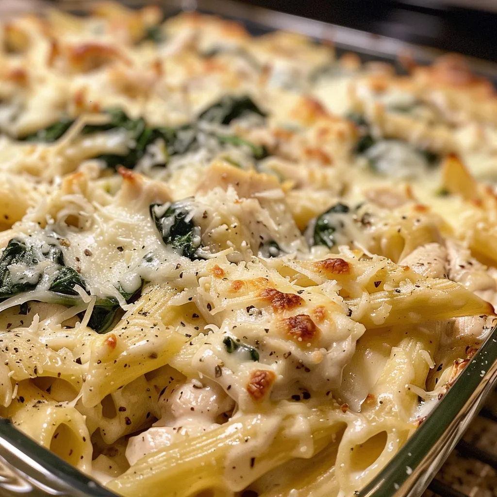 A side angle of a hearty creamy spinach chicken Alfredo bake, showcasing layers of pasta and sauce.