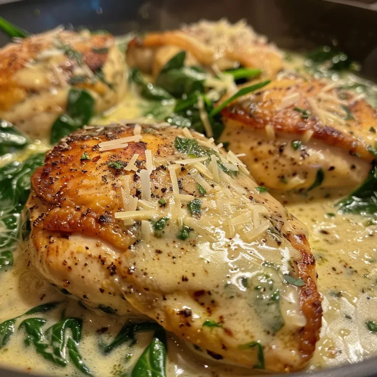 Close-up of a creamy spinach chicken skillet with vibrant spinach and succulent chicken pieces.
