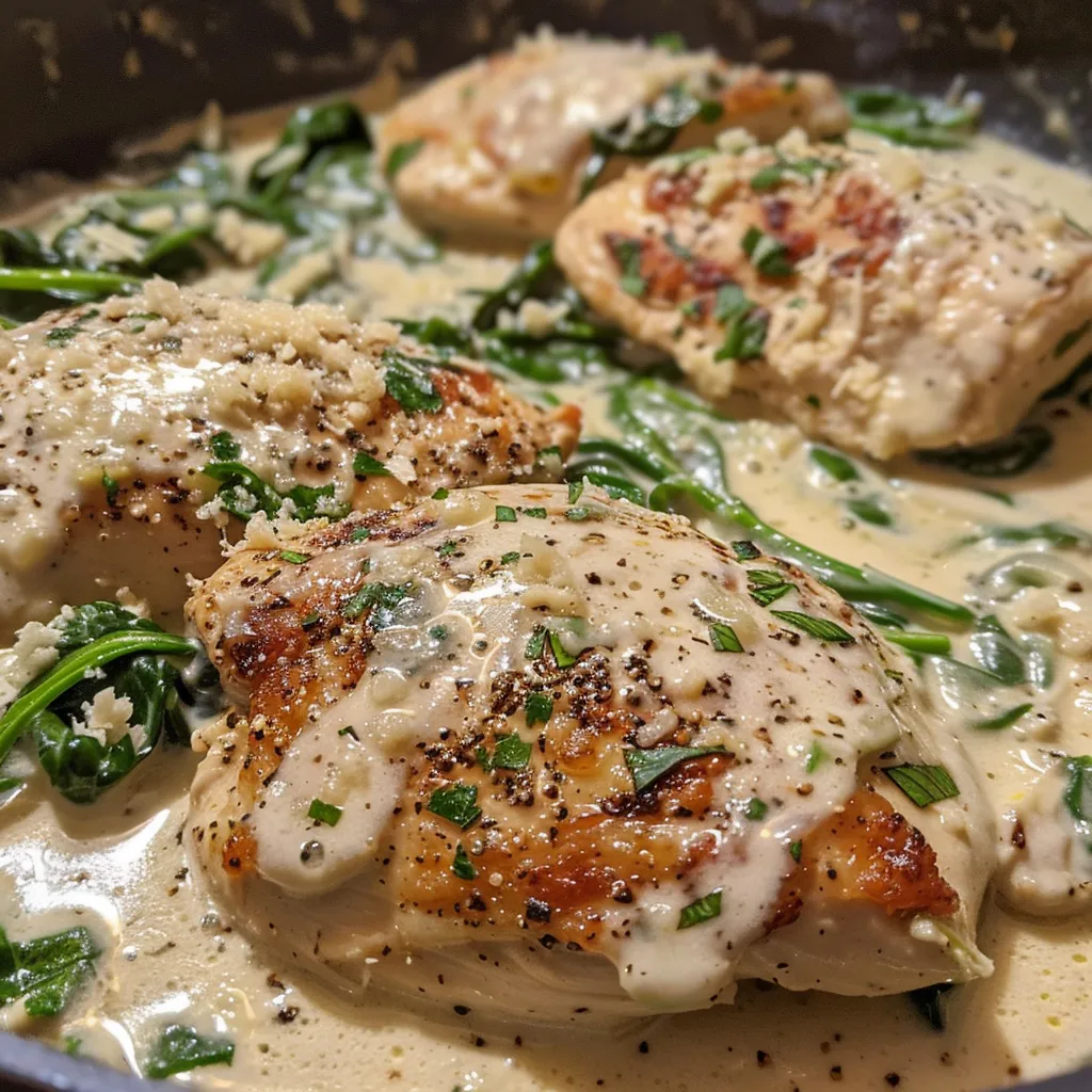 A delicious chicken dish featuring creamy sauce, fresh spinach, and grilled chicken breasts.