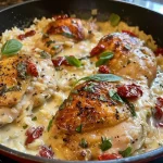 Close-up view of juicy creamy Tuscan chicken served over rice.