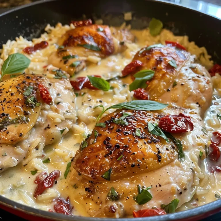Close-up view of juicy creamy Tuscan chicken served over rice.