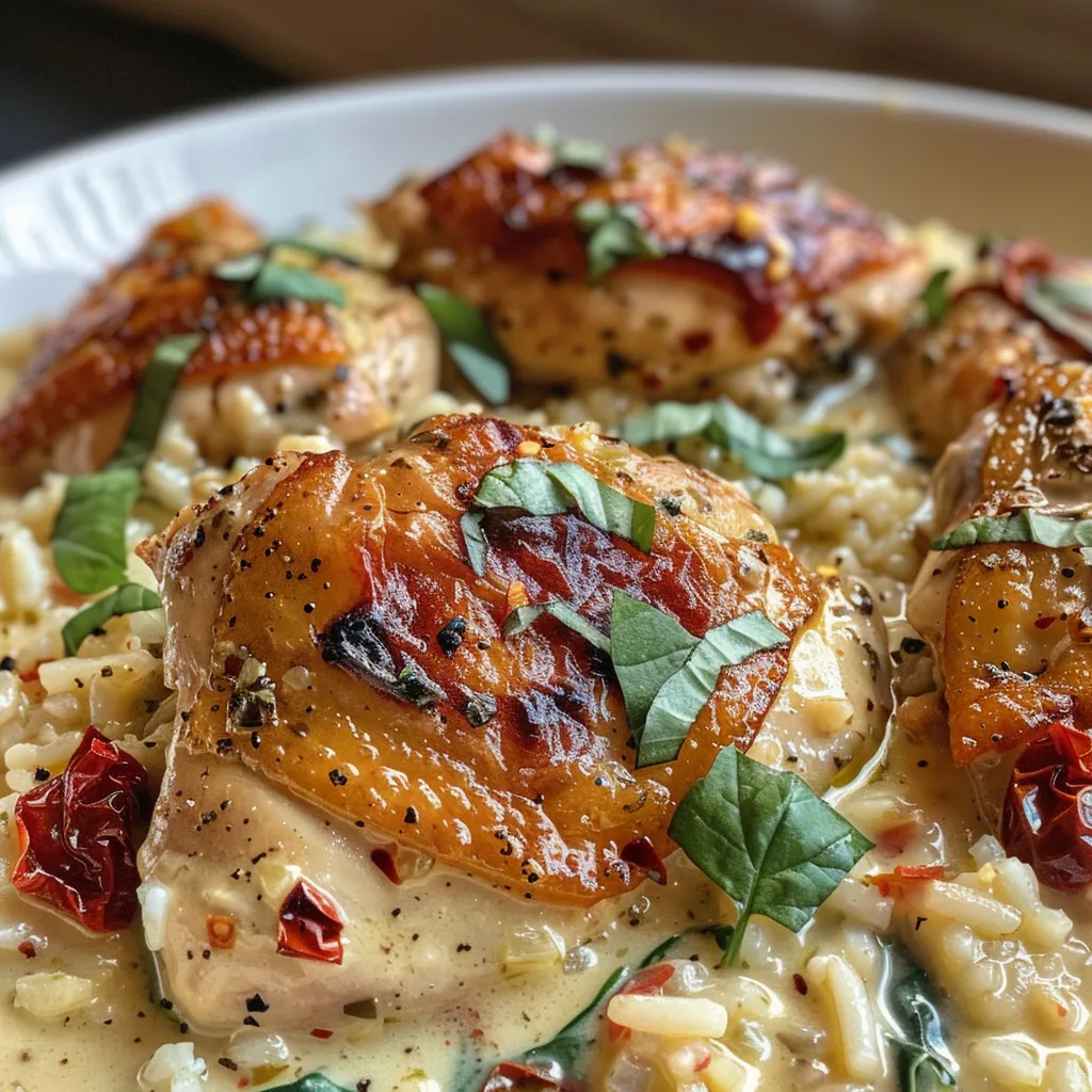 Delicious creamy Tuscan chicken and rice garnished with fresh herbs.