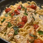 Close-up view of creamy Tuscan chicken pasta, featuring sun-dried tomatoes and spinach.