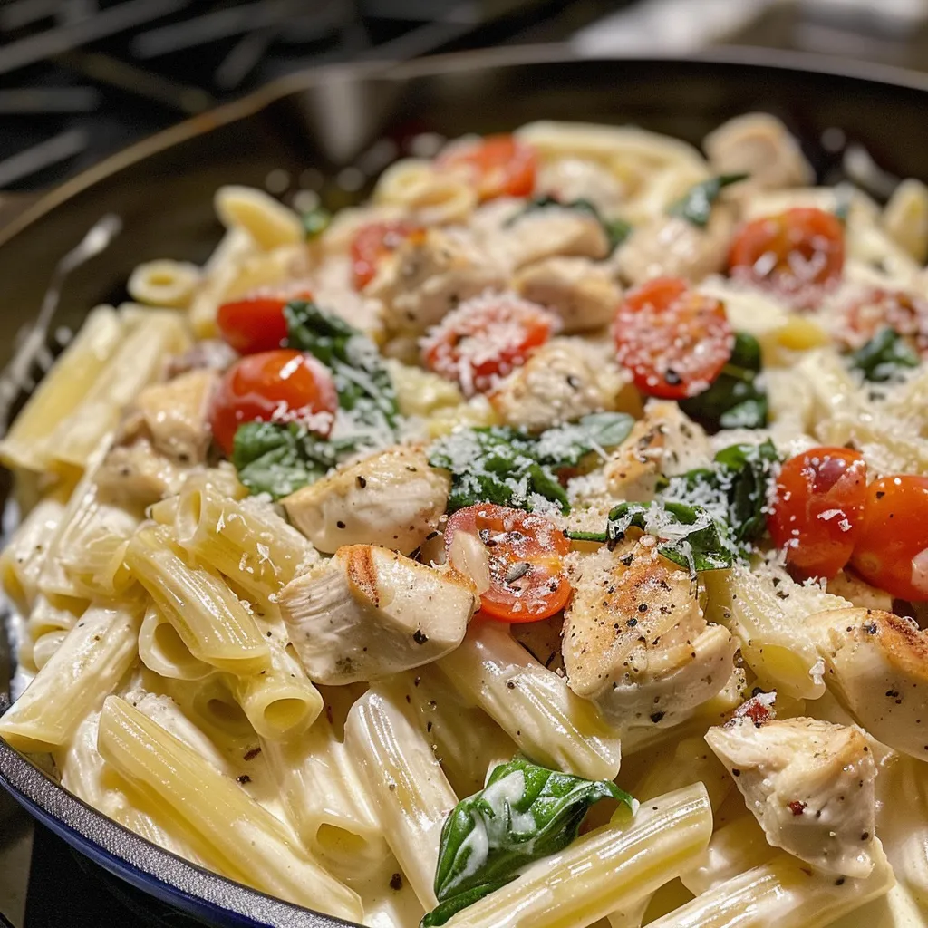 Juicy Tuscan chicken pasta dish with vibrant colors, garnished with basil and parmesan.