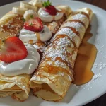 Close-up of crepe rolls filled with cream, strawberries, and drizzled with chocolate.
