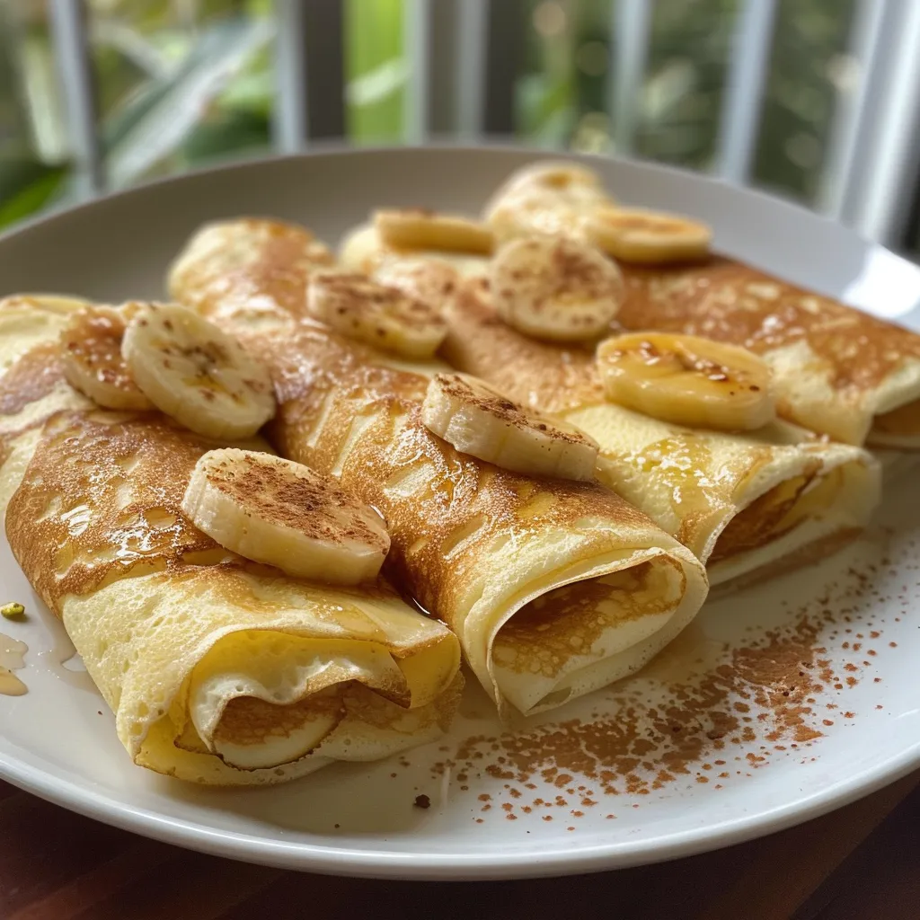 Side view of delicious crepe rolls topped with fresh strawberries and chocolate sauce.