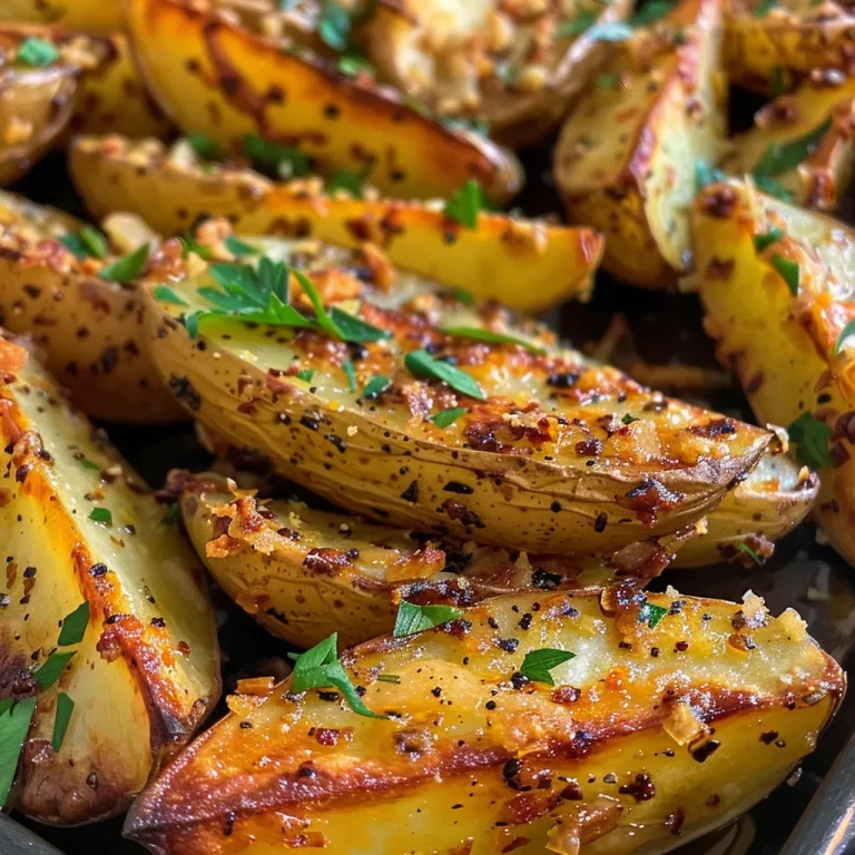 Juicy, golden-brown crispy garlic parmesan potato wedges on a plate.