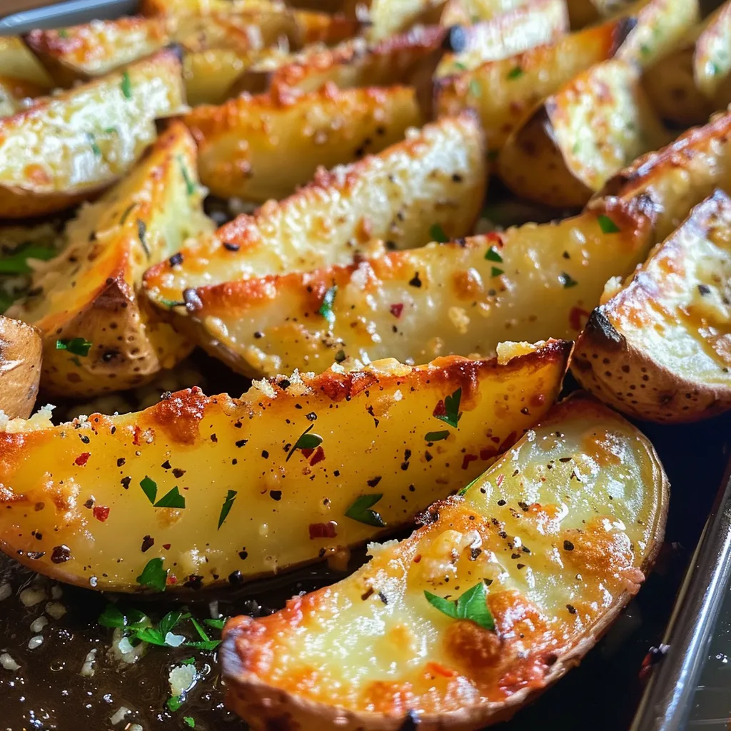 Close-up view of baked potato wedges topped with grated parmesan and fresh parsley.