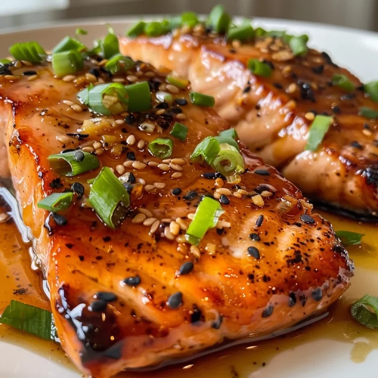 Close-up of crispy honey garlic glazed salmon fillet with garnish.