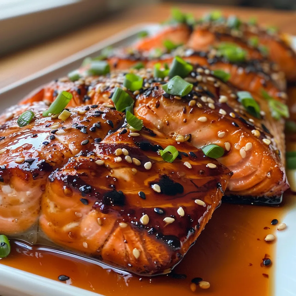 Side view of juicy salmon topped with sesame seeds and green onions.