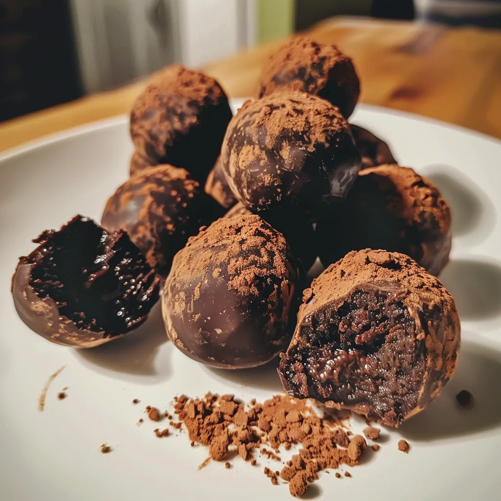 Side view of dark chocolate-covered truffles made with avocado.