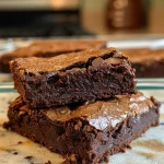 Close-up side view of fudgy brownies with a glossy surface and chocolate chips.