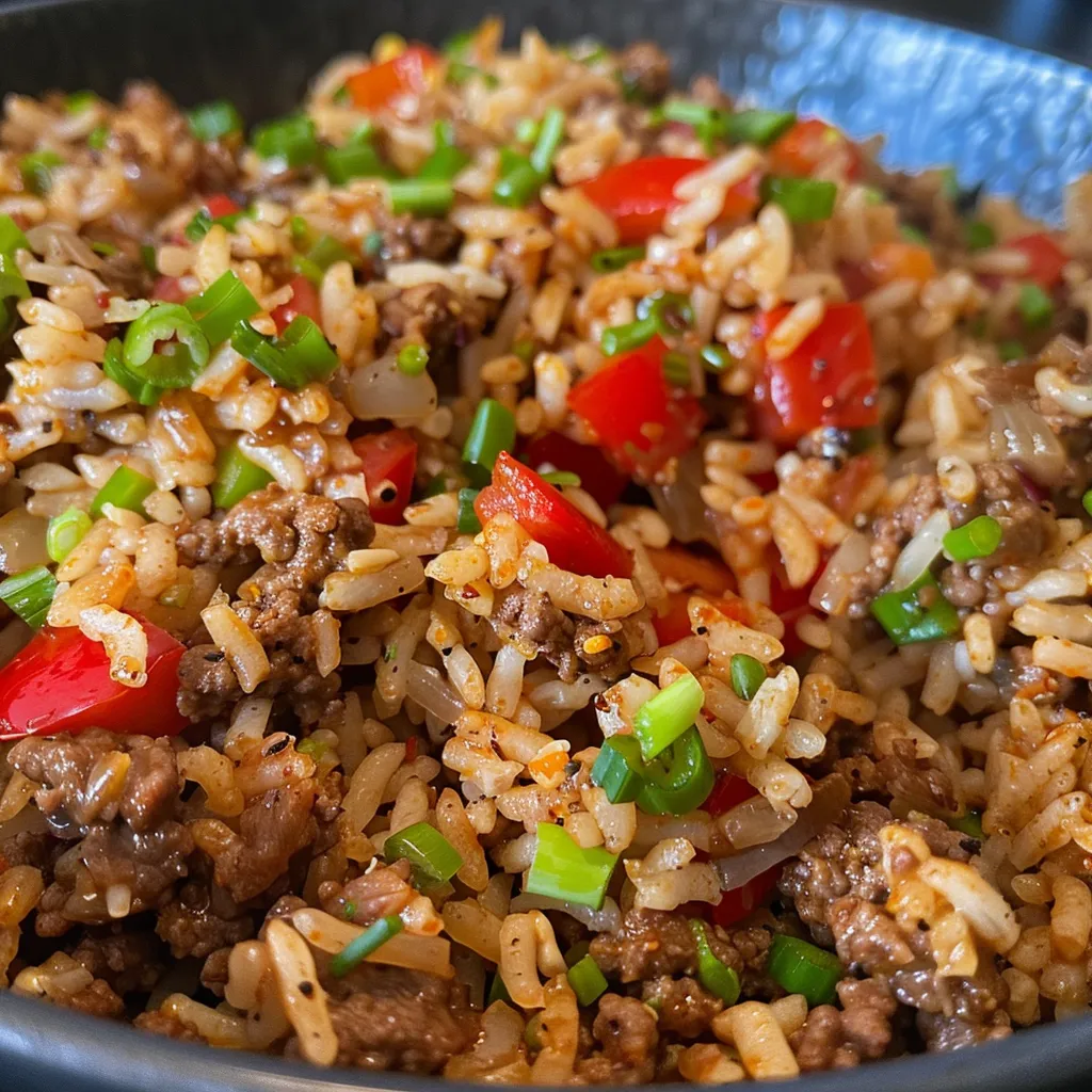 A side view of a generous serving of Dirty Rice with Ground Beef, featuring colorful bell peppers and textures of the dish.