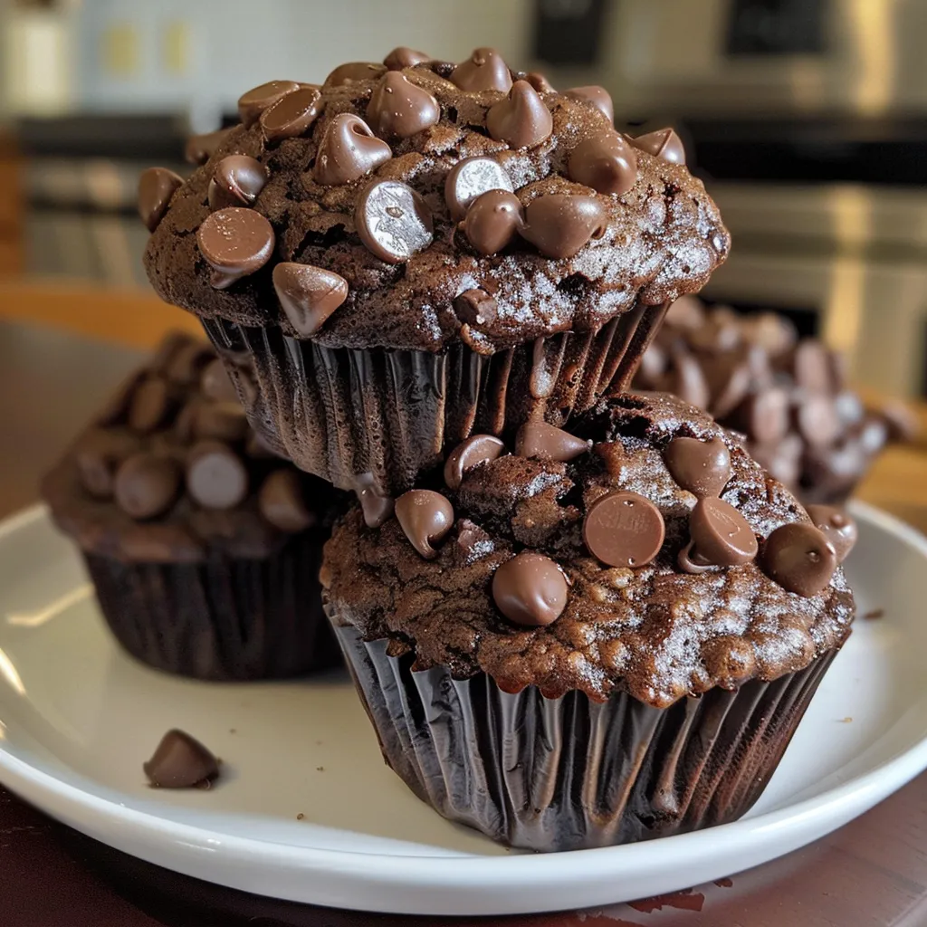 Side view of a freshly baked Double Chocolate Banana Muffin with melted chocolate chips on top.