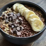 Side view of a bowl of Easy Banana Chocolate Oatmeal topped with banana slices and cacao nibs.