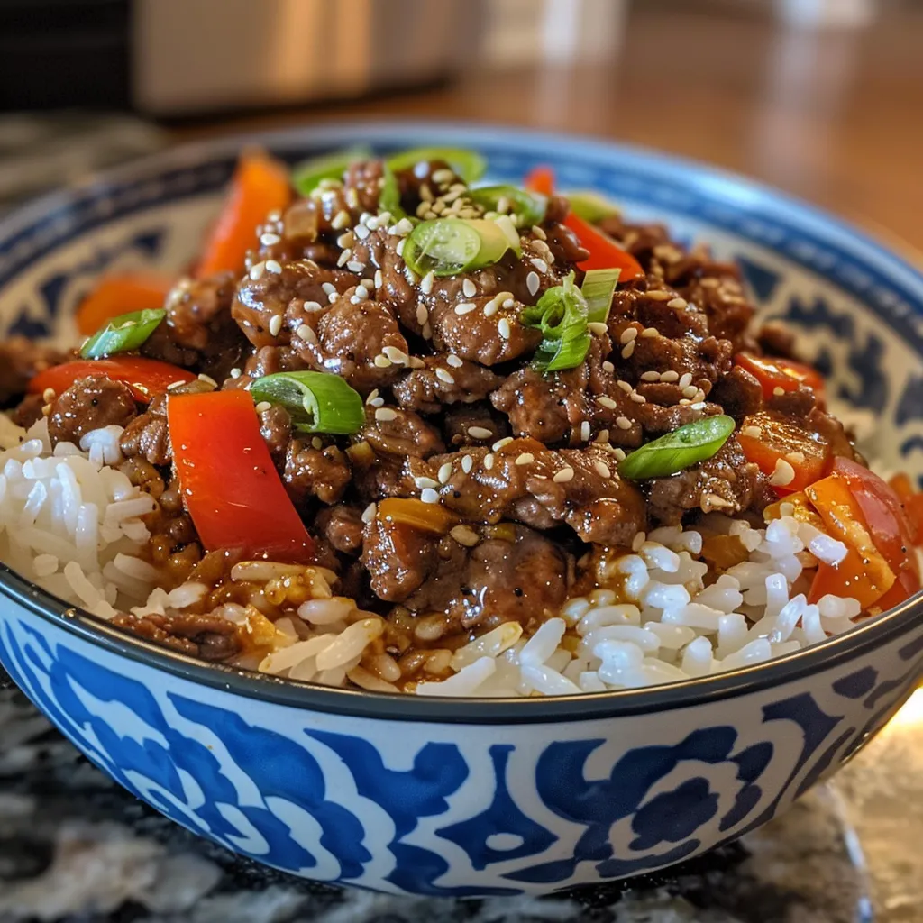 Juicy Easy Beef Bowl featuring rice, seasoned ground beef, and fresh garnishes.