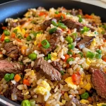 Close-up view of juicy beef fried rice with colorful vegetables and green onions.