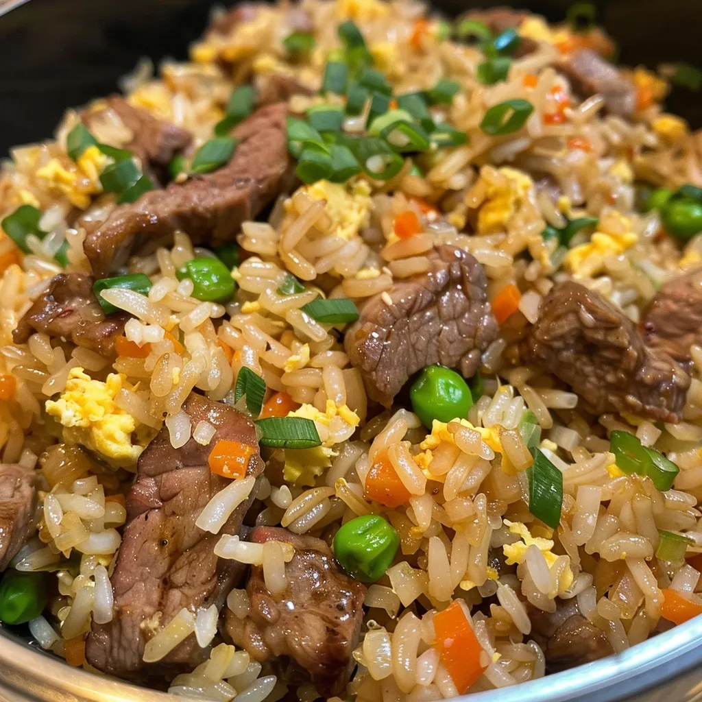 Side view of a plate of easy beef fried rice, showcasing tender beef and mixed veggies.