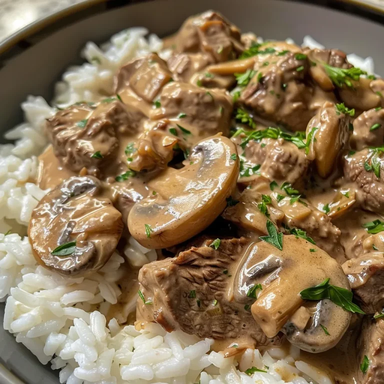 A Heartwarming Beef Stroganoff An Easy Recipe to Savor with Loved Ones Close-up view of a bowl of Easy Beef Stroganoff served with fluffy white rice.