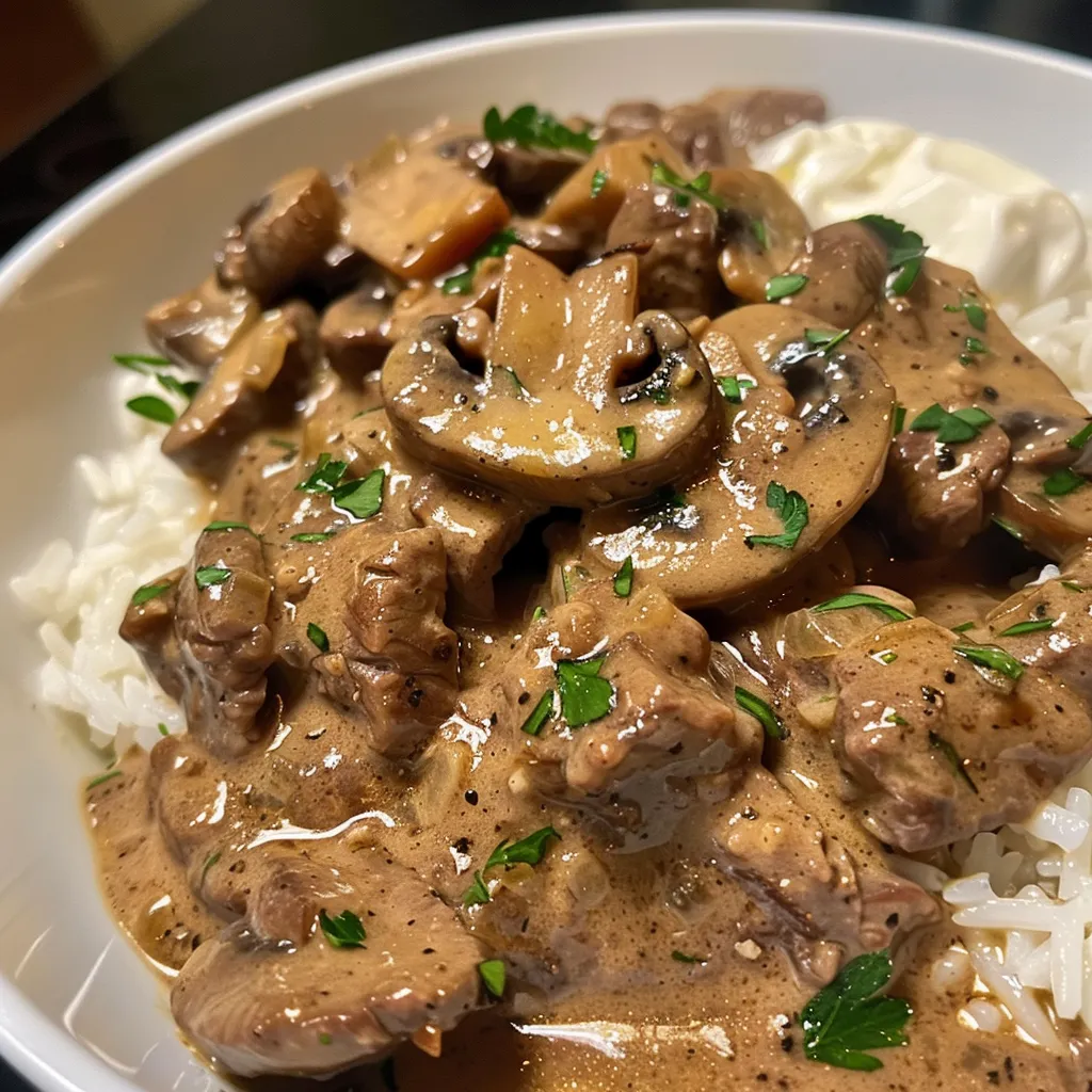 Side view of a delicious plate of Beef Stroganoff with sliced mushrooms and rice.