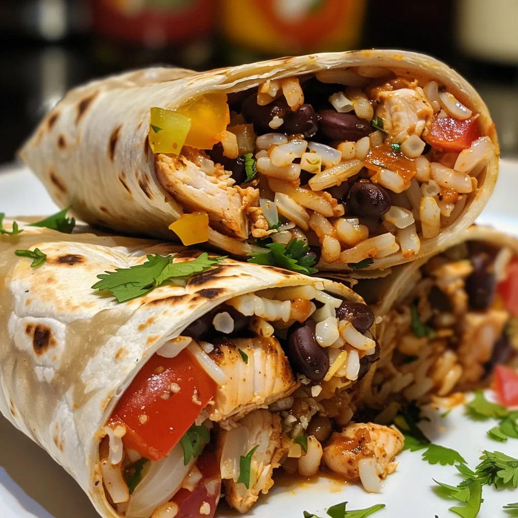 Side view of a delicious chicken burrito filled with rice and beans.
