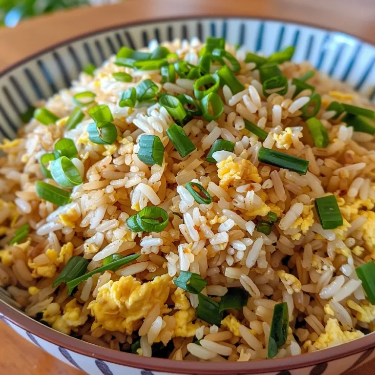 Close-up view of a bowl of egg fried rice, featuring fluffy grains and green onions.