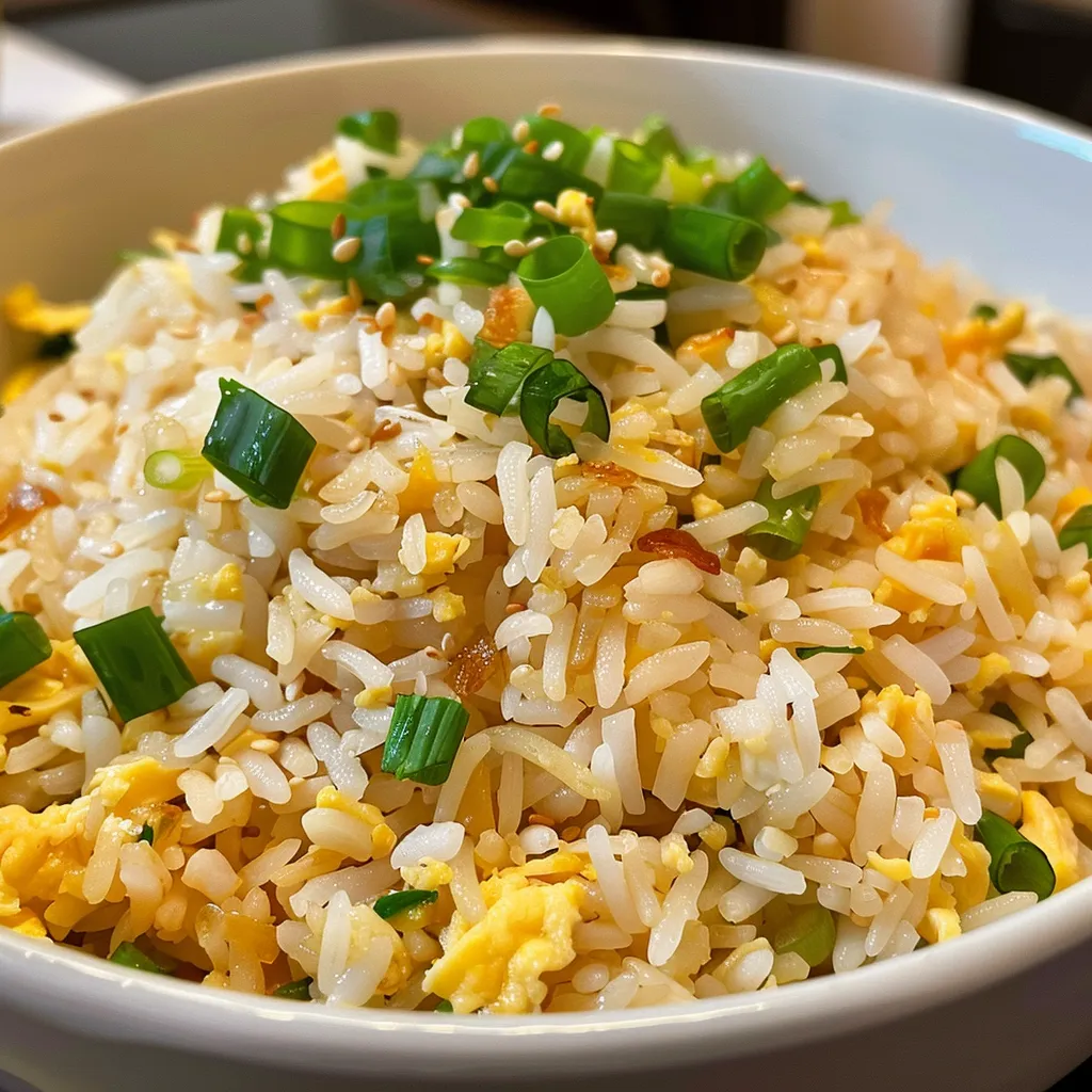 Side angle of colorful egg fried rice with visible pieces of scrambled eggs and green onion.