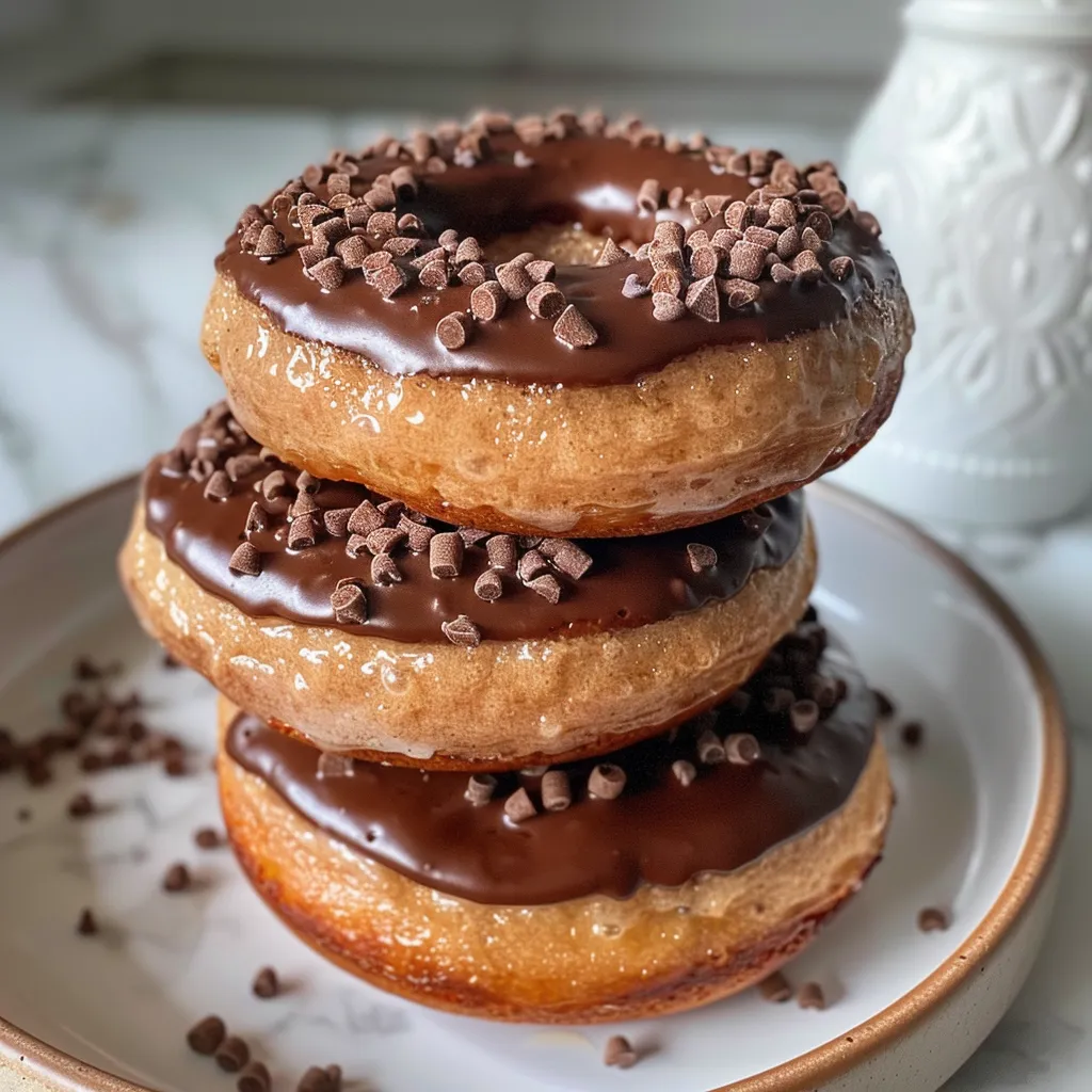 Side view of a fluffy protein donut topped with powdered sugar.