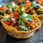 Close-up view of juicy Easy Taco Cups with melted cheese and toppings.