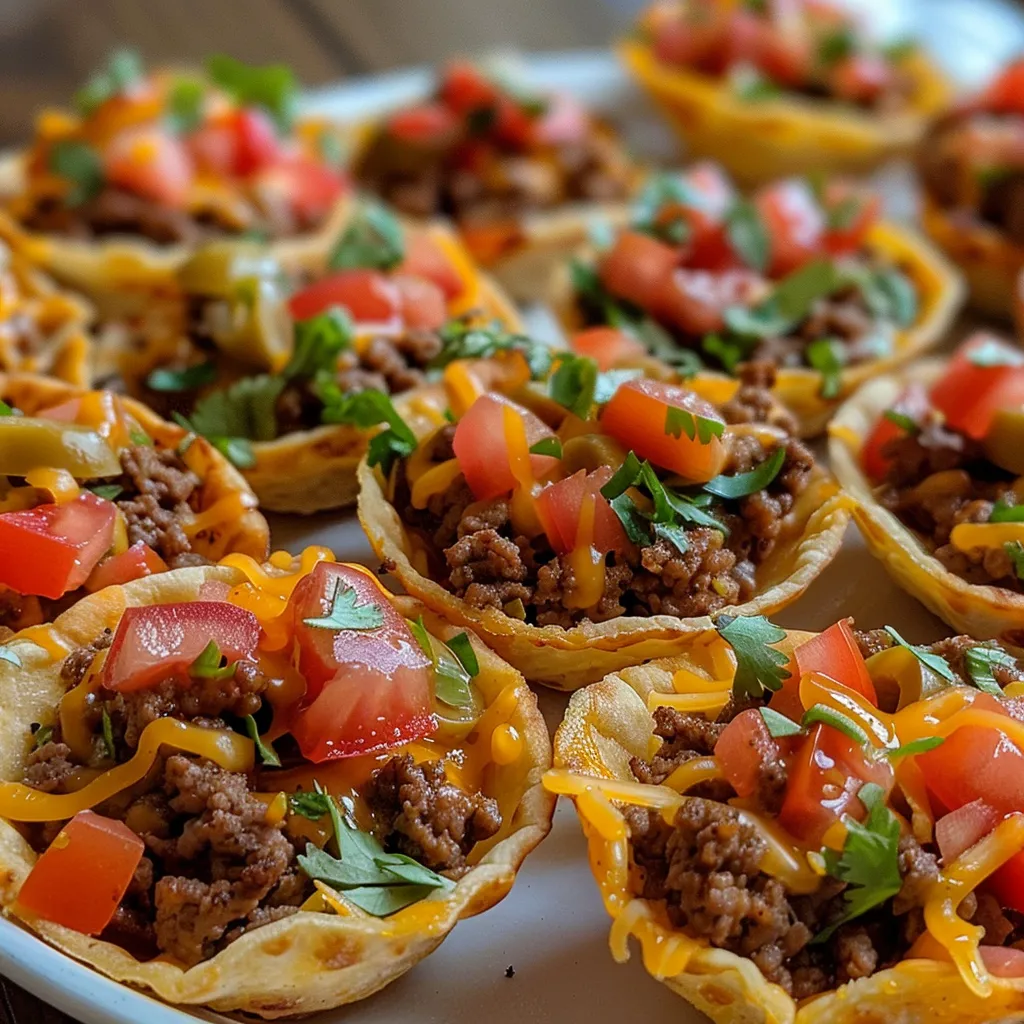 Side view of colorful Easy Taco Cups filled with ground beef and fresh veggies.