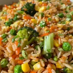 A close-up side view of colorful vegetable fried rice with broccoli, peas, and carrots.