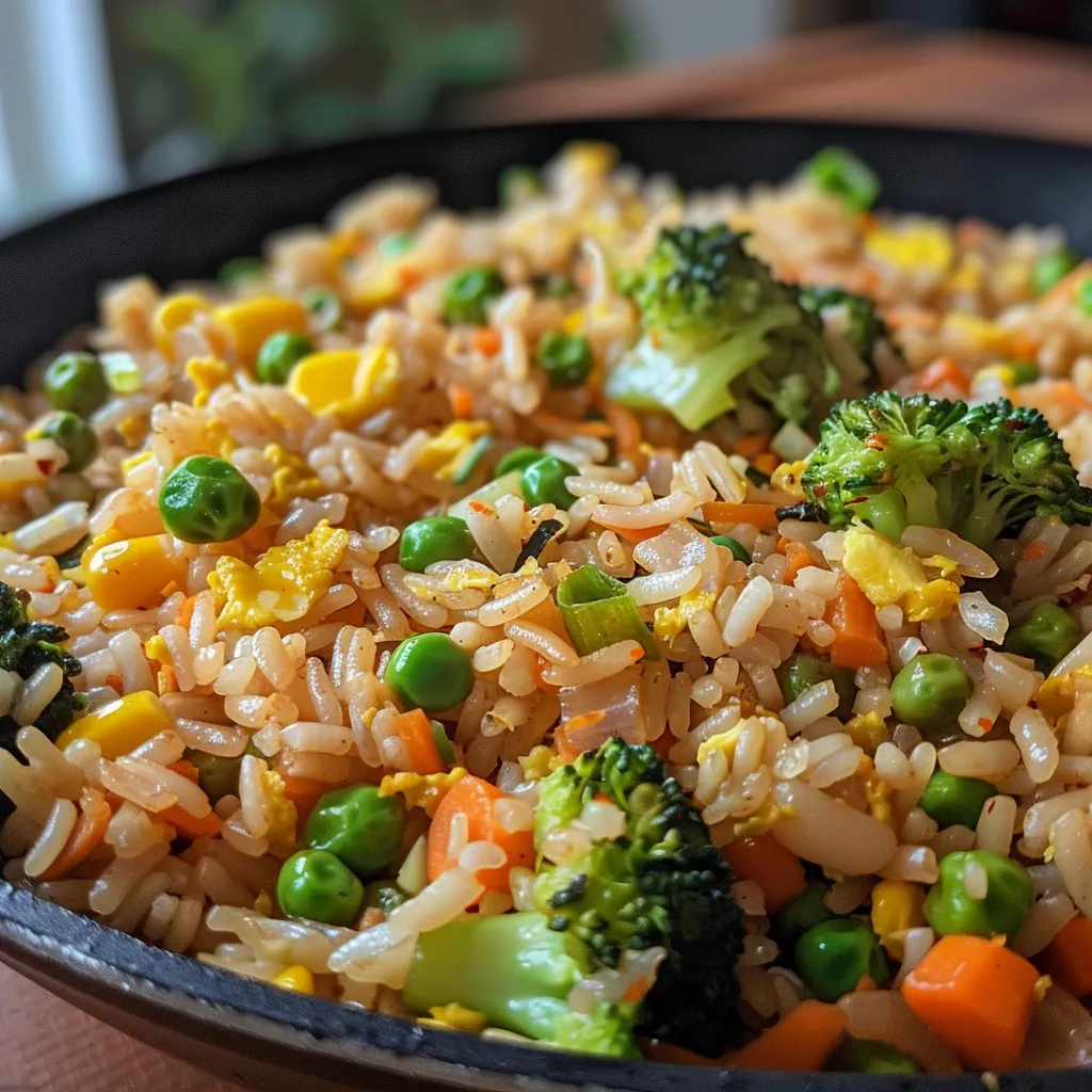 Juicy vegetable fried rice served with chopped green onions and colorful mixed veggies.