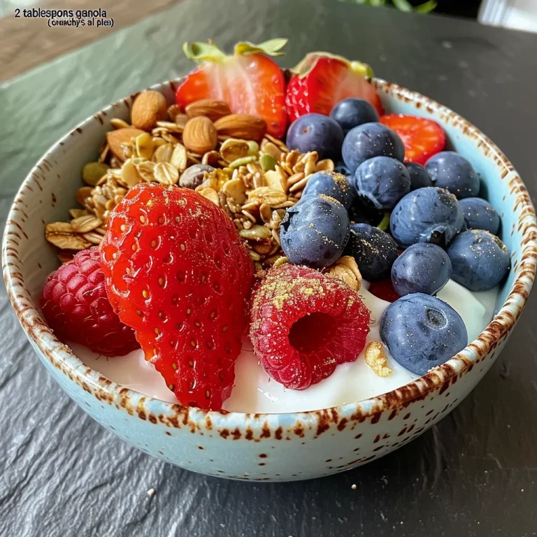 Close-up view of a Greek yogurt breakfast bowl topped with fresh berries, granola, nuts, and a drizzle of honey.