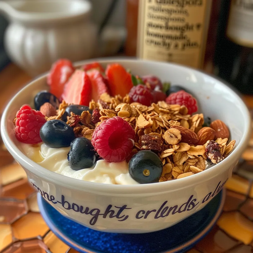 A vibrant breakfast bowl filled with Greek yogurt, colorful mixed berries, and crunchy granola.