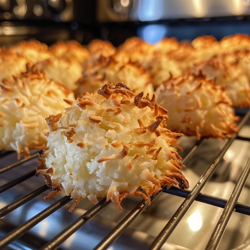 Side view of freshly baked Lemon Coconut Macaroons, highlighting their chewy coconut flakes and lemon zest.