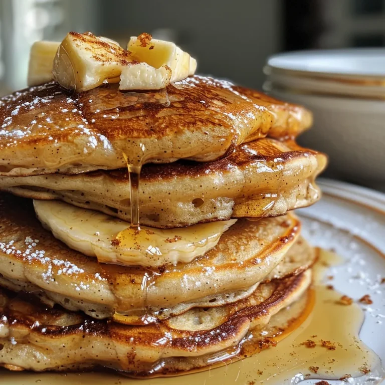 Morning Bliss Fluffy Banana Apple Pancakes That Whisk You Away Close-up view of fluffy banana apple pancakes stacked on a plate, drizzled with syrup.