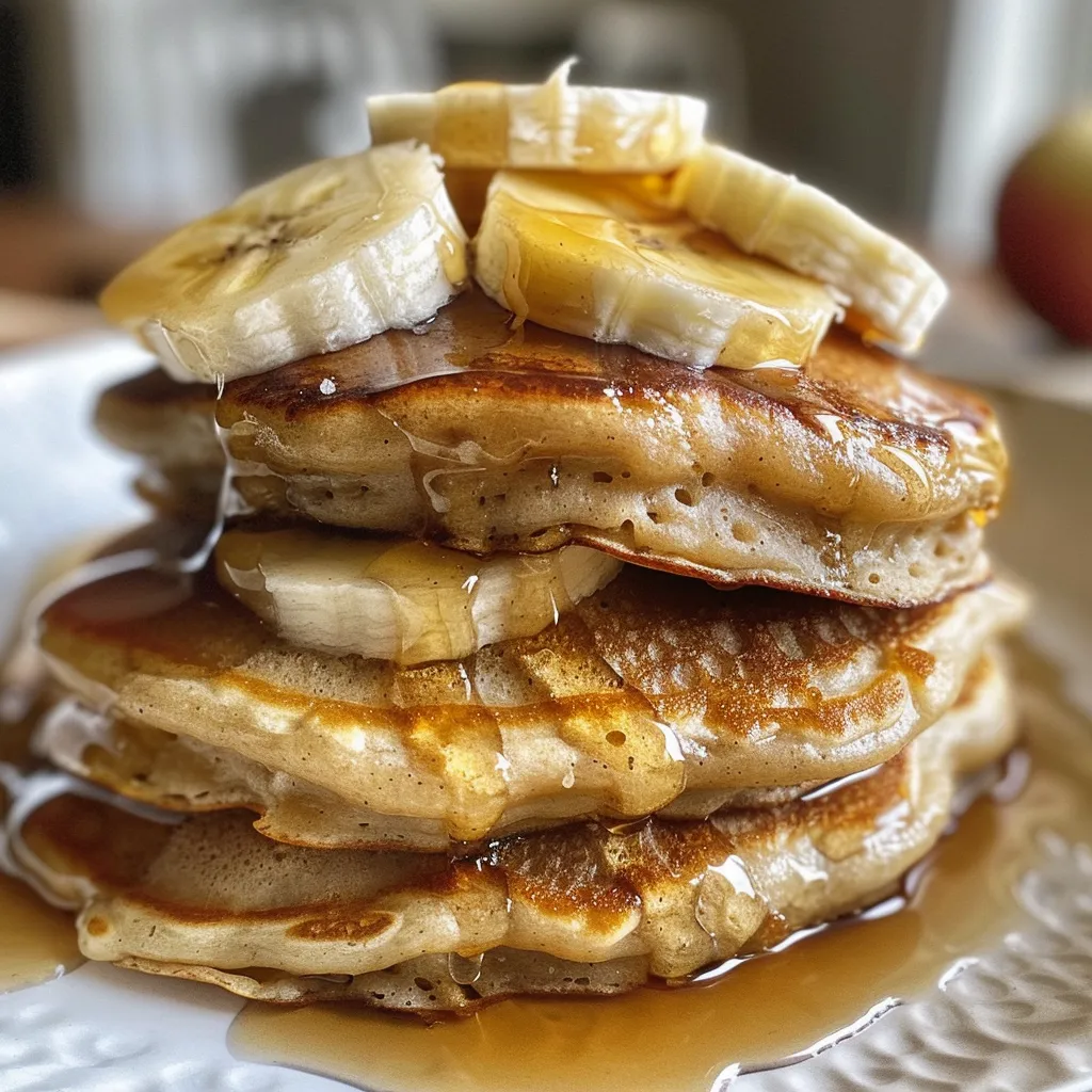 Side view of delicious fluffy pancakes made with banana and apple, garnished with fresh fruit.
