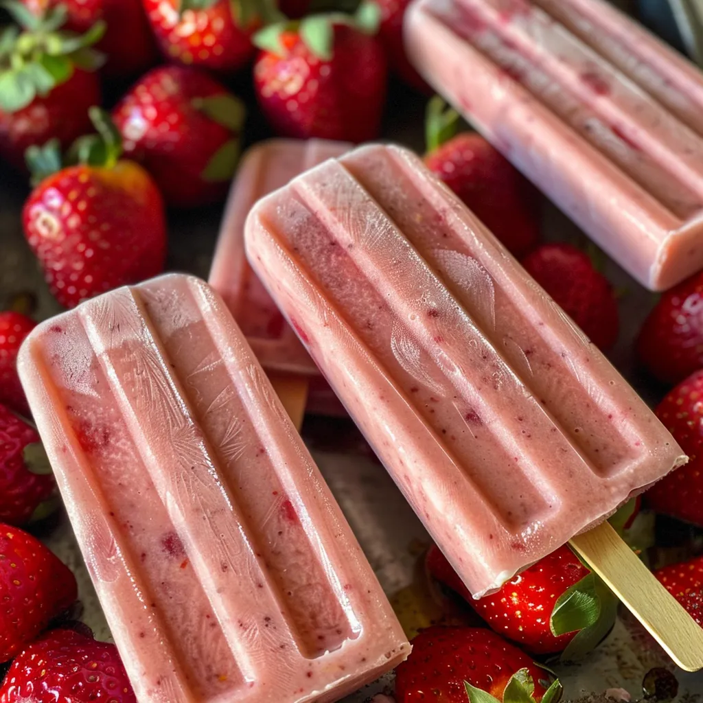 Side view of vibrant red strawberry yogurt popsicles, highlighting their creamy consistency and fruit pieces.