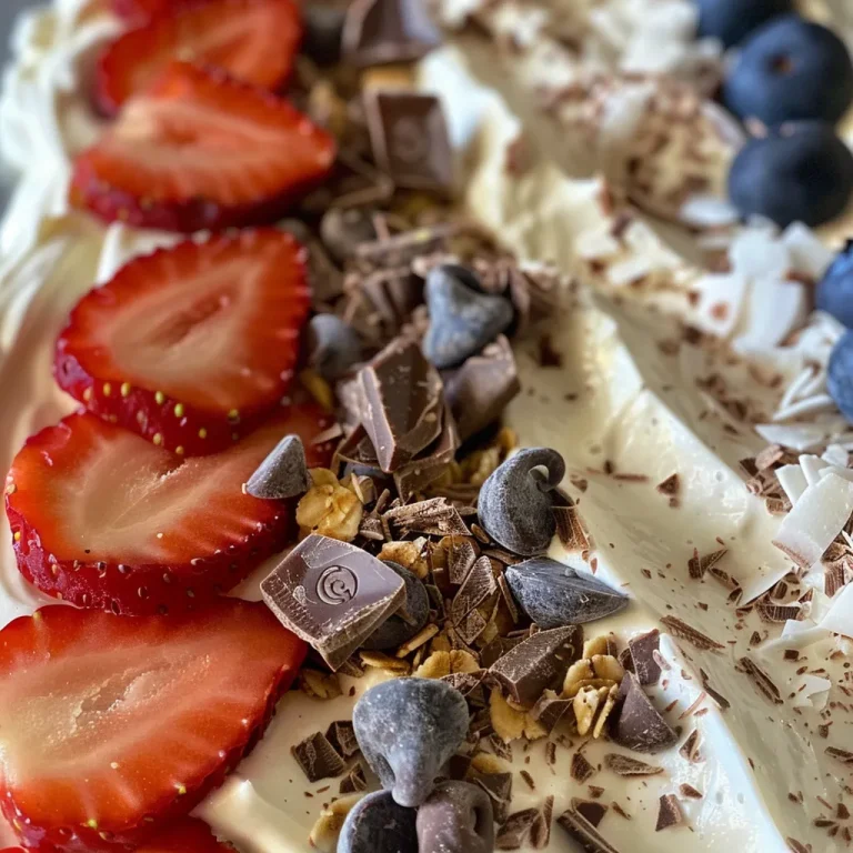 Close-up of colorful Frozen Yogurt Bark topped with strawberries and blueberries.