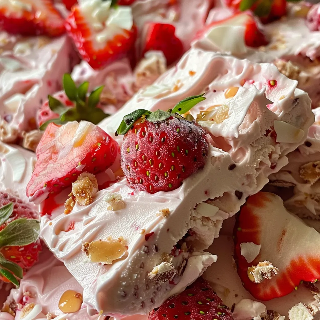 Side view of colorful frozen yogurt bark featuring chopped strawberries on a white background.