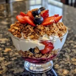 Close-up shot of a layered fruit and yogurt parfait with strawberries, blueberries, and granola.