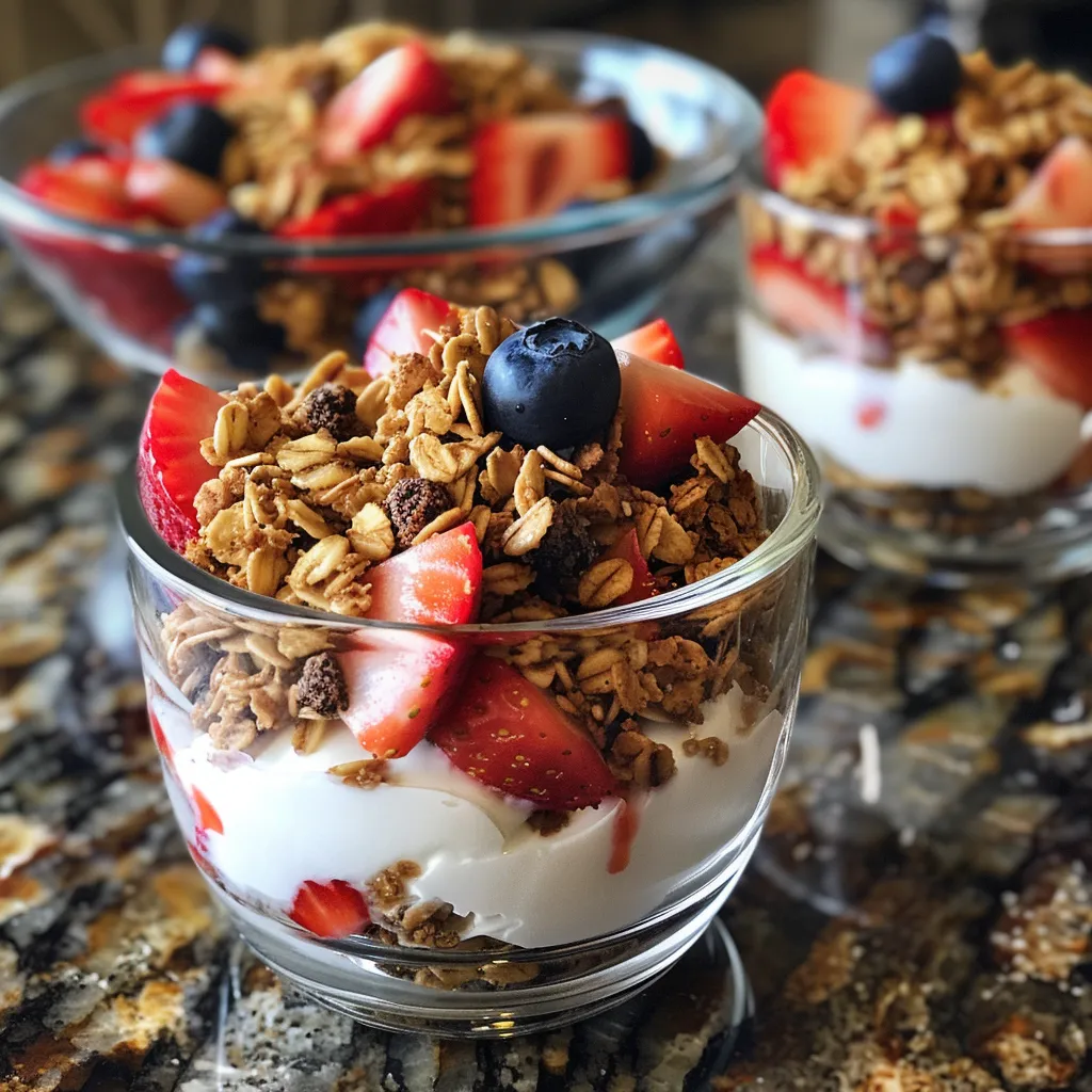 Side view of a vibrant fruit and yogurt parfait showcasing sliced strawberries and blueberries.