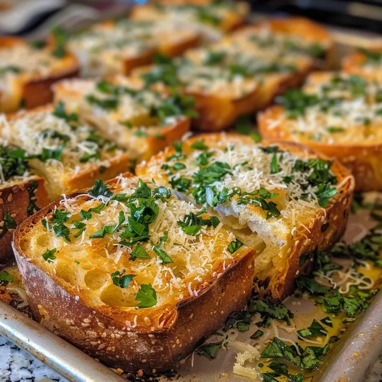 The Irresistible Garlic Bread That Transforms Every Meal into a Celebration Close-up view of golden, crusty garlic bread topped with herbs and Parmesan.