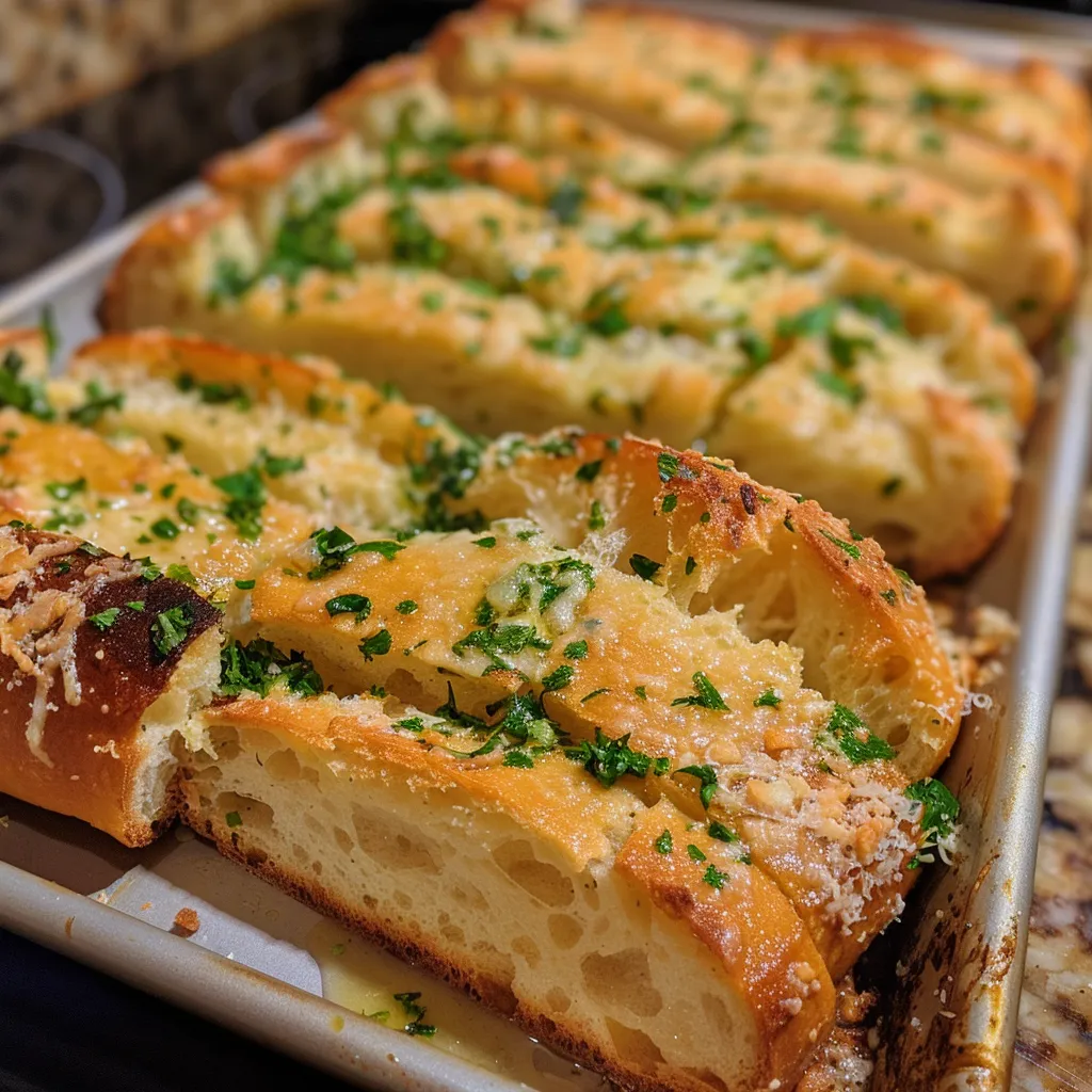 Side view of a loaf of garlic bread with melted butter and minced garlic visible.